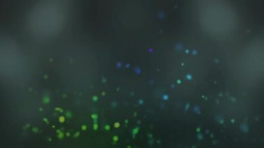 Siyah arkaplan üzerinde çok renkli parçacıkların ve merceklerin canlandırılması. Dijital olarak üretilen hologram, illüstrasyon, tasarım, sanat, model, ışık sızıntısı, çözülmüş ve soyut kavram.