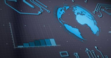 Grafik animasyonu, dönen küre ve devre kartı modeli gri arkaplan üzerinde. Dijital olarak üretilmiş, hologram, illüstrasyon, rapor, iş, güç arzı, küreselleşme ve teknoloji kavramı.