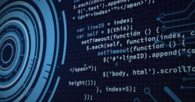 Siyah arkaplan üzerinde yükleme çemberleri, bilgisayar dili ve devre kartı deseni animasyonu. Dijital olarak üretilmiş, hologram, illüstrasyon, iş, ilerleme, kodlama ve teknoloji kavramı.