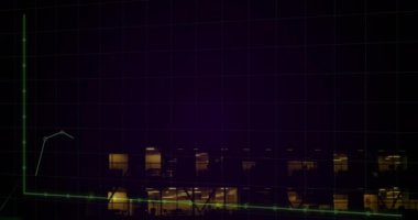 Arka planda aydınlatılmış modern bina üzerindeki grafiklerin ve şebeke desenlerinin animasyonu. Dijital bileşik, çoklu pozlama, rapor, iş, üç boyutlu ve mimari kavram.