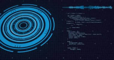 Siyah arkaplan üzerinde yükleme çemberleri, ses dalgası ve bilgisayar dili animasyonu. Dijital olarak oluşturulmuş, hologram, illüstrasyon, iş, ilerleme, kodlama, programlama dili, teknoloji kavramı.