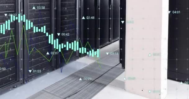 グラフのアニメーションとデータサーバールーム上の数字の変更 デジタルコンポジット レポート ビジネス ネットワークセキュリティ データセンター ネットワーキング テクノロジー ネットワークサーバーのコンセプト — ストック動画