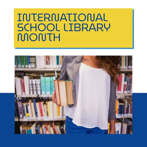 Composite International School Library Month Text Midsection Biracial Woman Holding — Stock Photo, Image