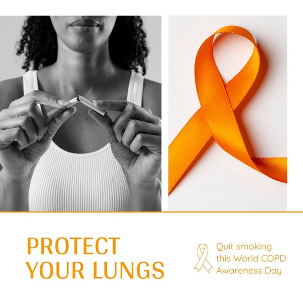 Composto Donna Biraciale Rompere Sigaretta Nastro Consapevolezza Arancione Smettere Fumare — Foto Stock