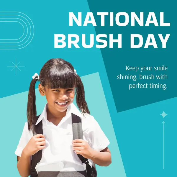Composite of biracial schoolgirl smiling and national brush day text. Keep your smile shining, brush with perfect timing, support, oral health, childhood, dental, hygiene, protection, celebrate.