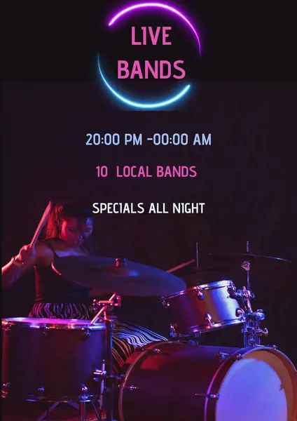 Live bands, 20 pm to 00 am, 10 local bands, special all nights over asian woman playing drum. Composite, poster, template, event, program, advertise, schedule, enjoyment and design concept.