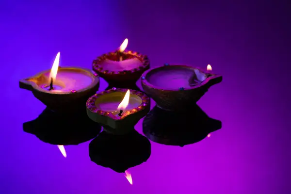 Close Four Diwali Candles Copy Space Purple Background Diwali Festival — Stock Photo, Image