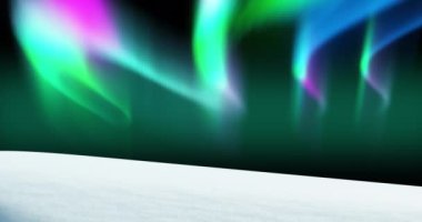 Karanlık arka planda kar üzerinde aurora borealis animasyonu. Kış, Noel, şenlik, kutlama ve gelenek konsepti dijital olarak oluşturuldu
