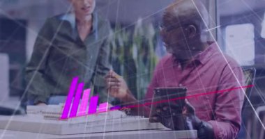 Animation of financial data processing over diverse business people in office. Global business, finances, computing and data processing concept digitally generated video.