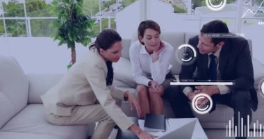 Animation of financial data processing over diverse business people in office. Global business, finances, computing and data processing concept digitally generated video.