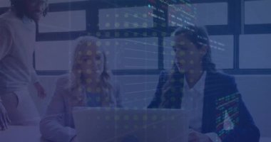 Animation of stock market data processing against diverse colleagues discussing together at office. Global economy and business data technology concept