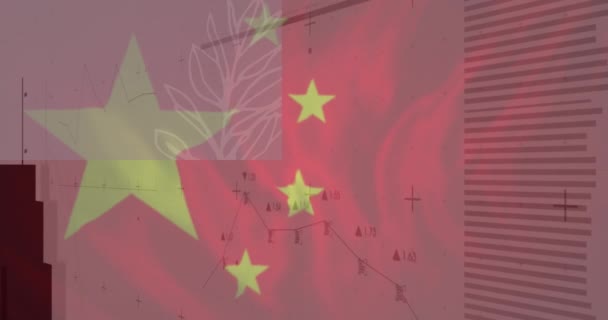 Çin Bayrağı Animasyonu Şehir Manzarası Üzerinde Işlenen Veri Küresel Hesaplama — Stok video