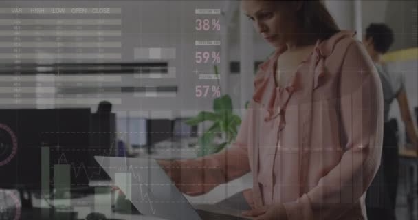 オフィスの慎重なビジネスウーマンに対する金融データ処理のアニメーション グローバルビジネス コネクション コンピューティング デジタルインターフェース データ処理コンセプトをデジタル生成したビデオ — ストック動画
