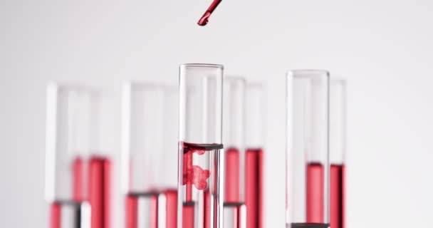 Video Glass Laboratory Test Tubes Red Liquid Copy Space White — Stock Video