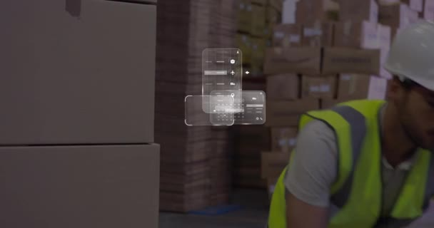 倉庫の慎重な男性労働者スタッキングボックスに対するデータ処理のアニメーション サプライチェーンとロジスティックネットワーク事業の未来コンセプト — ストック動画