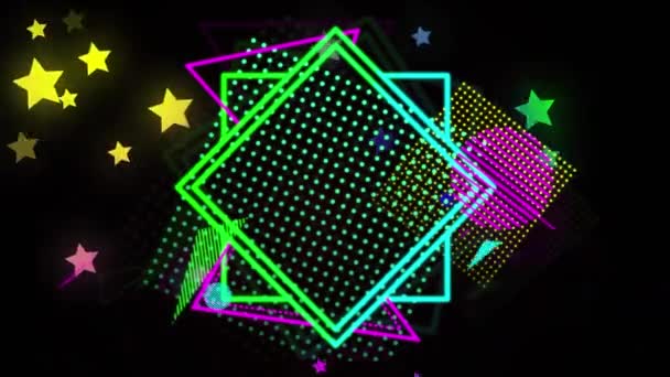Анимация Разноцветных Геометрических Фигур Звёзд Чёрном Фоне Цифровая Генерация Голограмма — стоковое видео