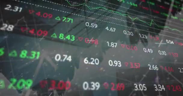 Animation Der Verarbeitung Von Finanzdaten Über Die Weltkarte Globales Geschäft — Stockvideo