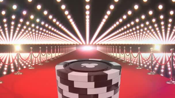 在灯火通明的情况下 在红地毯上制作赌场硬币的动画 数字生成 筹码和夜晚的概念 — 图库视频影像