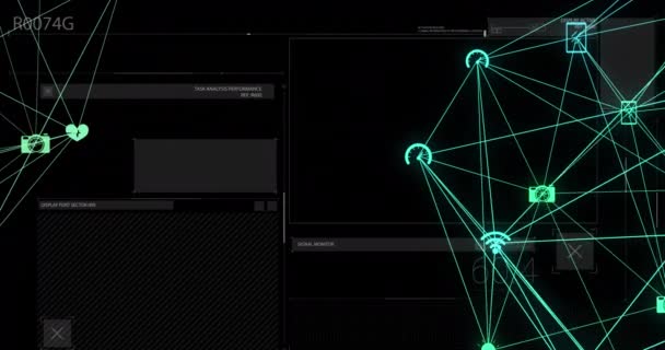 데이터 처리와 인터페이스에 회전하는 디지털 아이콘의 글로브의 애니메이션 글로벌 네트워킹 — 비디오