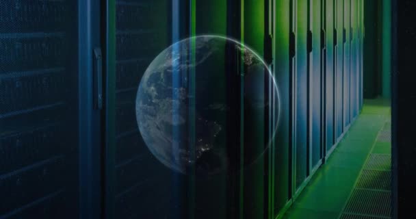 在计算机服务器室的世界动画 全球联网和商业数据储存技术概念 — 图库视频影像