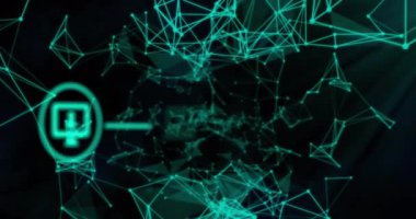 Simgelerin akış çizelgesinin animasyonu, siyah arkaplana karşı geometrik şekiller oluşturan birleşik noktalar. Dijital olarak üretilmiş, hologram, illüstrasyon, aydınlanma, iletişim ve teknoloji konsepti.