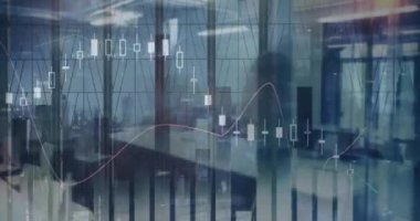 İnsanları cam pencereye doğru yürütürken birden fazla grafik ve boş ofisin animasyonu. Dijital bileşik, çoklu pozlama, rapor, iş, büyüme ve teknoloji kavramı.