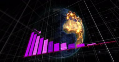 Düşen grafikteki ok animasyonu ve uzaya karşı dönen küre üzerindeki çizgiler. Dijital olarak üretilmiş, hologram, illüstrasyon, rapor, iş dünyası, kayıp, küçültme ve küreselleşme kavramı.