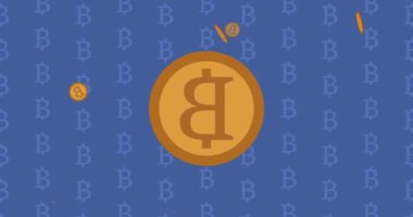 Mavi arka planda bitcoinlerin animasyonu. Şifreleme para birimi, iş ve finans kavramı dijital olarak oluşturulmuş video.