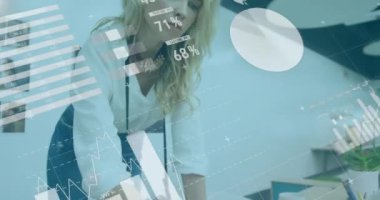 Kafkasyalı iş kadınıyla ilgili finansal veri işleme animasyonu. Küresel hesaplama, dijital arayüz ve veri işleme kavramı dijital olarak oluşturulmuş video.