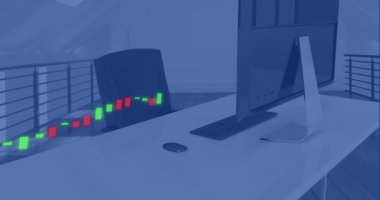 Ofisteki bilgisayarla birlikte finansal veri işleme animasyonu. Küresel hesaplama, dijital arayüz ve veri işleme kavramı dijital olarak oluşturulmuş video.