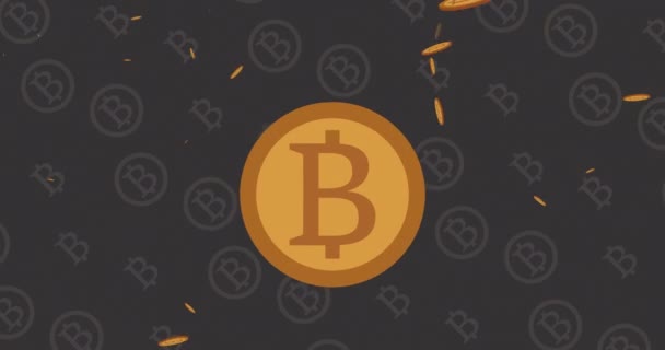 Animering Bitcoins Över Mönster Svart Bakgrund Cryptocurrency Affärs Och Finanskoncept — Stockvideo