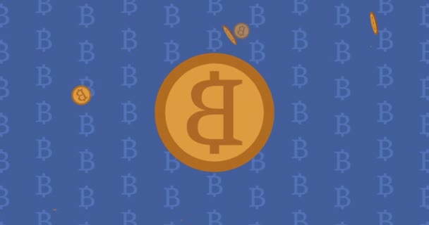 Animação Bitcoins Sobre Padrão Fundo Azul Criptomoeda Conceito Negócios Finanças — Vídeo de Stock