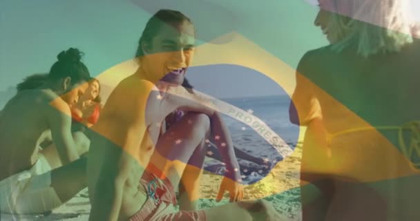 Animation Flag Brazil Waving Diverse Friends Discussing While Sitting Beach — Stock Video
