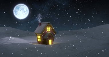 Kış manzarasında evin üzerine yağan kar ve dolunayın birleşimi. Kış, kar ve noel konsepti dijital olarak oluşturulmuş görüntü.