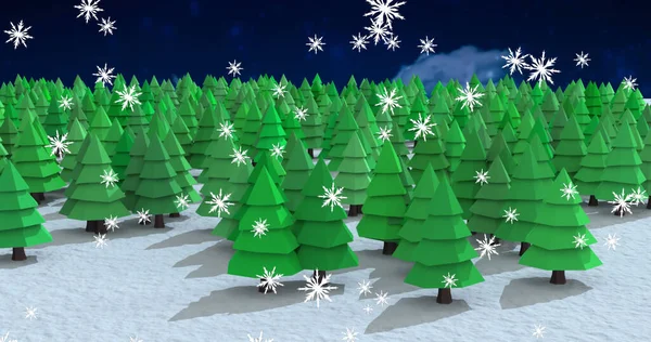 Płatki Śniegu Spadające Nad Wieloma Drzewami Zimowym Krajobrazie Tle Nocnego — Zdjęcie stockowe