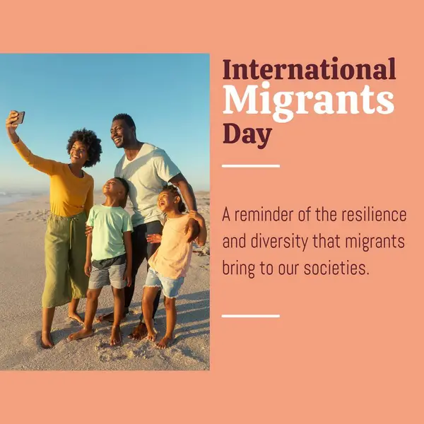 International migrants day text and african american woman taking selfie with husband and children. Composite, beach, love, together, smartphone, refugee, freedom, promote, support and celebration.