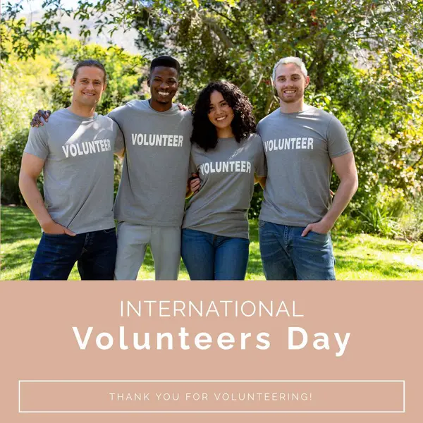 Composite of international volunteers day text and portrait of multiracial volunteers in park. Thank you for volunteering, recognize, promote, support, sustainable development, teamwork, celebrate.