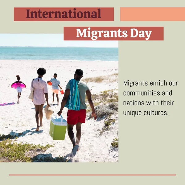 International migrants day text and african american parents and children enjoying at sandy beach. Composite, family, love, together, refugee, freedom, promote, support and celebration concept.