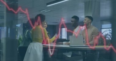 Animation of financial data processing over team of diverse colleagues discussing together at office. Global finance and business technology concept