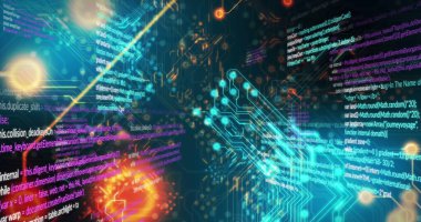 Siyah arkaplan üzerinde devre kartı deseni ve bilgisayar dili resmi. Dijital olarak üretilmiş, hologram, illüstrasyon, aydınlatılmış, kodlama, programlama dili ve teknoloji kavramı.