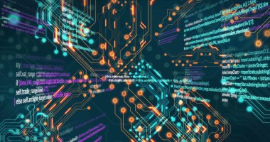 Siyah arkaplan üzerinde devre kartı deseni ve bilgisayar dili resmi. Dijital olarak üretilmiş, hologram, illüstrasyon, aydınlatılmış, kodlama, programlama dili ve teknoloji kavramı.