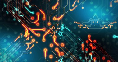 Siyah arkaplan üzerinde devre kartı deseni ve bilgisayar dili resmi. Dijital olarak üretilmiş, hologram, illüstrasyon, aydınlatılmış, kodlama, programlama dili ve teknoloji kavramı.