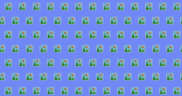 Image of rows of photo icon pattern moving on purple background. Colour, pattern and movement concept digitally generated image.
