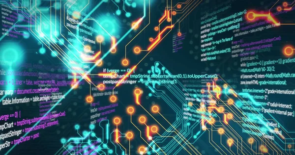 Image of circuit board pattern and computer language over black background. Digitally generated, hologram, illustration, illuminated, coding, programming language and technology concept.