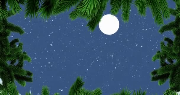 Animação Folhas Árvore Natal Renas Casas Montanhas Nevasca Lua Céu — Vídeo de Stock