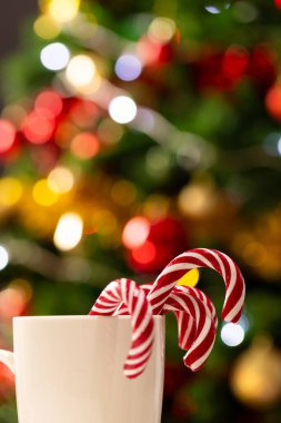 Çubuklu kupanın dikey görüntüsü. Peri ışıkları ve fotokopi alanı olan Noel ağacı. Noel, gelenek ve kutlama konsepti.