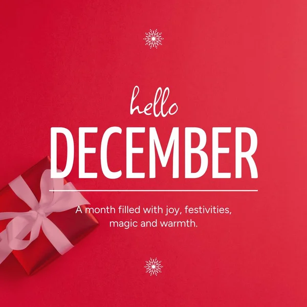 Composto Texto Olá Dezembro Sobre Decorações Natal Fundo Vermelho Dezembro — Fotografia de Stock