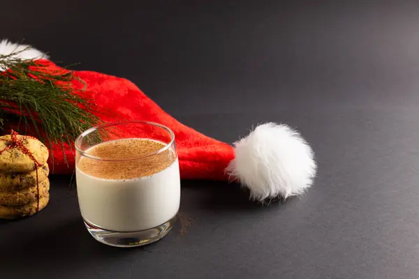 Glass Milk Christmas Cookies Santa Hat Copy Space Black Background — Stock Photo, Image