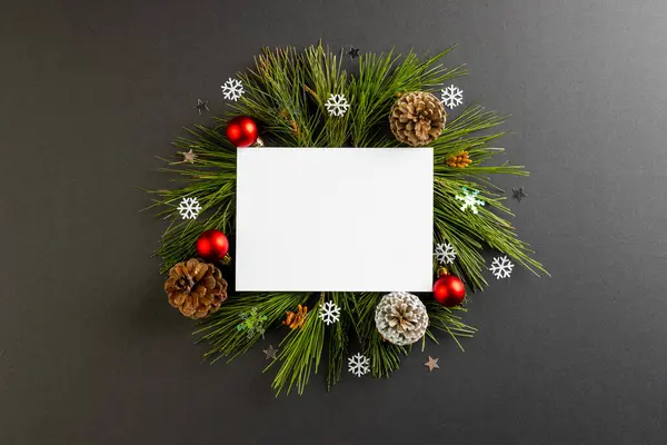 Decorações Natal Com Cartão Branco Espaço Cópia Fundo Preto Natal — Fotografia de Stock
