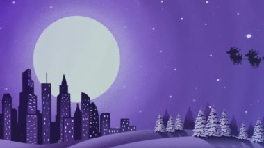 Ren geyikleri tarafından çekilen kızaktaki Noel Baba siluetinin Ay 'a karşı şehir manzarasındaki animasyonu. Noel şenliği ve kutlama konsepti